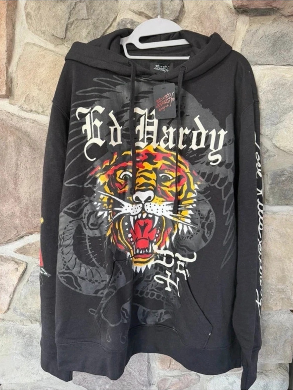 Ed Hardy Black Hoodie with Multicolor Tiger Graphic